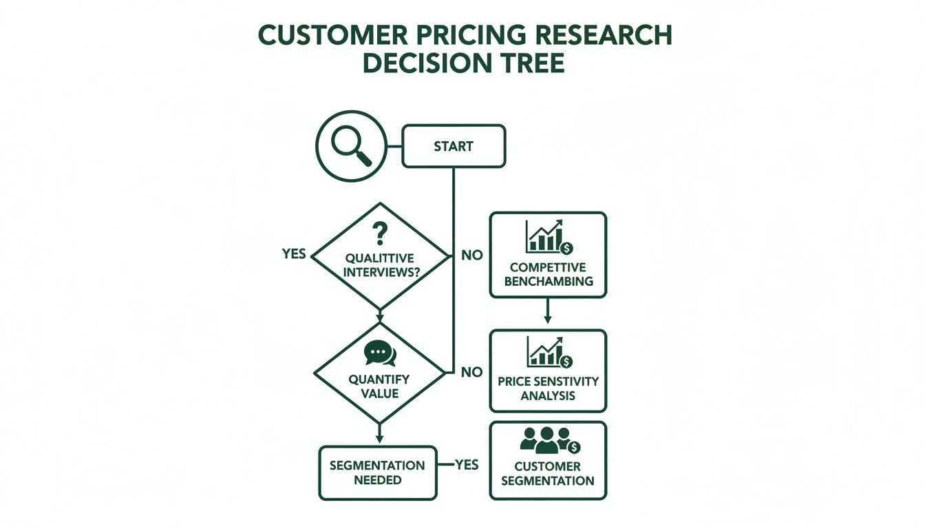 Decision tree flowchart illustrating a customer pricing research process, including interviews, value, and segmentation.