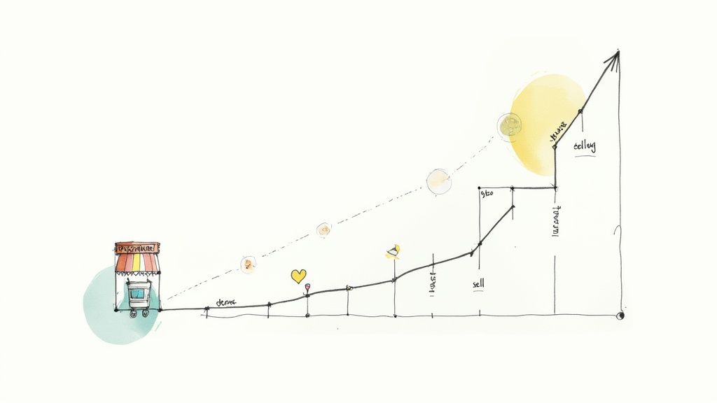 Hand-drawn content marketing journey showing steps from desire to advocacy and growth.
