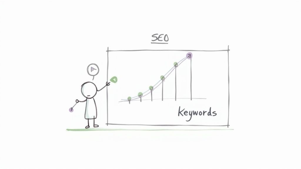 A stick figure explains an SEO graph showing increasing performance with keywords.