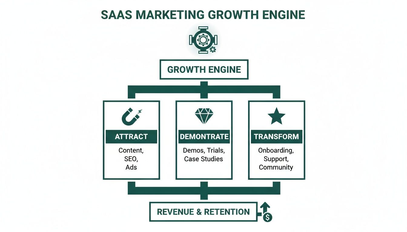 Diagram illustrating the SaaS Marketing Growth Engine with Attract, Demonstrate, and Transform stages for Revenue & Retention.
