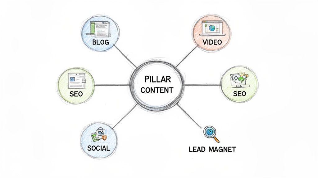 Diagram illustrating 'Pillar Content' as a central concept connected to Blog, Video, SEO, Social, and Lead Magnet.