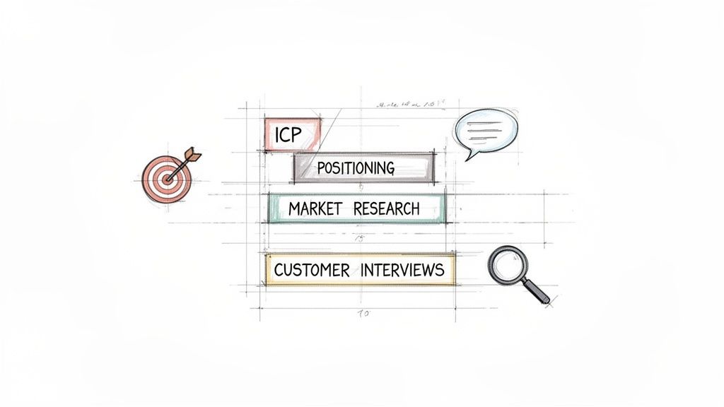 A sketch showing marketing strategy steps: ICP, positioning, market research, and customer interviews.