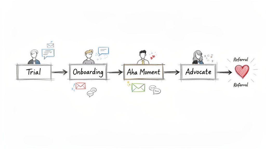 A diagram illustrating the customer journey lifecycle with stages: Trial, Onboarding, Aha Moment, Advocate, and Referral.