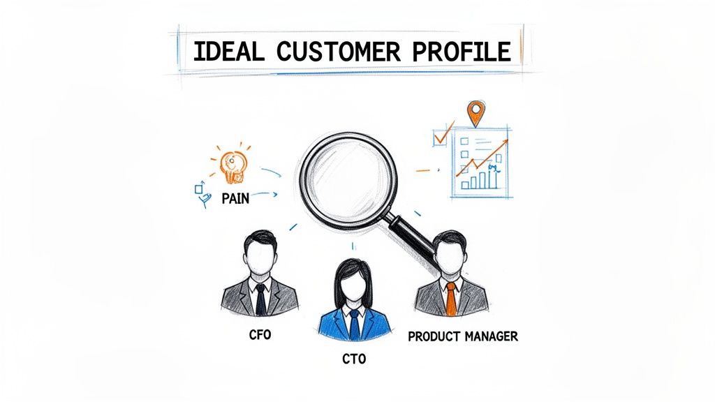 An illustration explaining an ideal customer profile with customer roles, pain points, and data analysis.