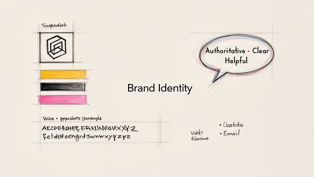 A hand-drawn sketch detailing brand identity elements like logo, colors, typography, and voice guidelines.