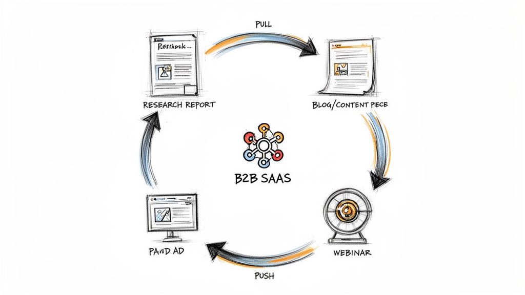 A B2B SaaS marketing cycle diagram showing pull (research to content) and push (webinar to paid ad) strategies.