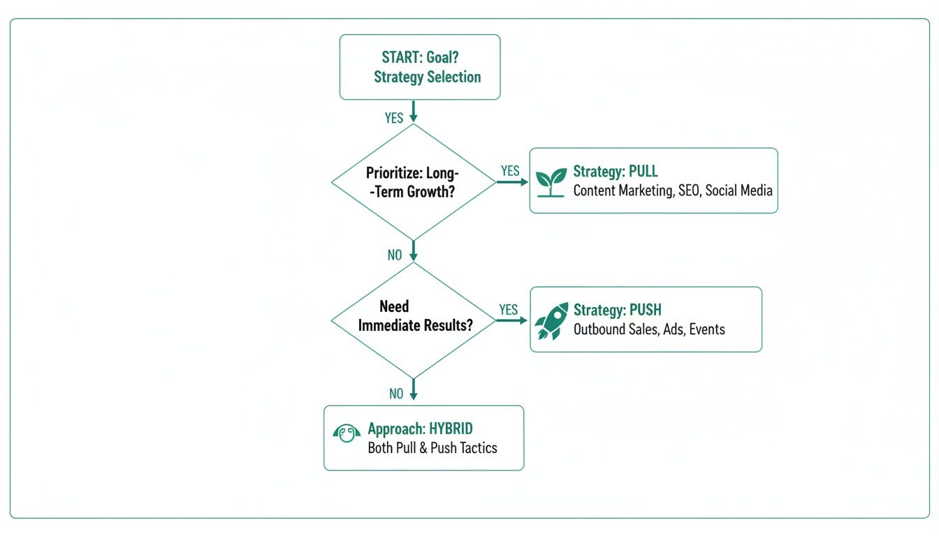 Flowchart guiding the selection of pull, push, or hybrid marketing strategies.