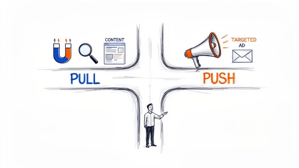 Illustration comparing pull and push marketing strategies with icons for content, search, megaphone, and targeted ads.
