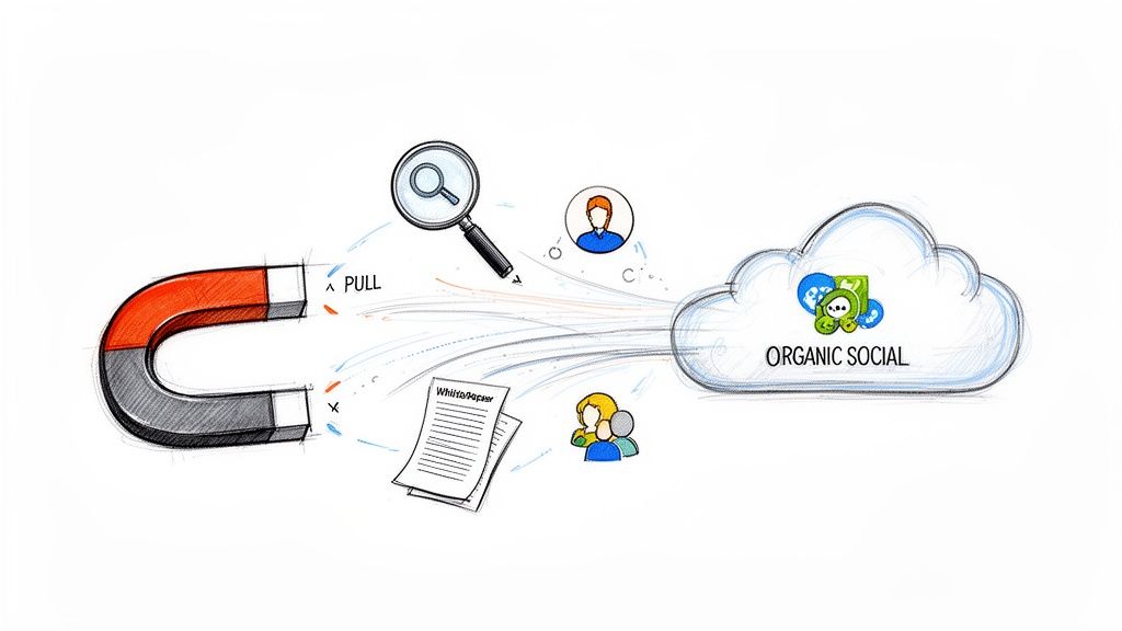 A magnet labeled 'PULL' attracts search, whitepapers, and users towards a cloud representing 'ORGANIC SOCIAL'.