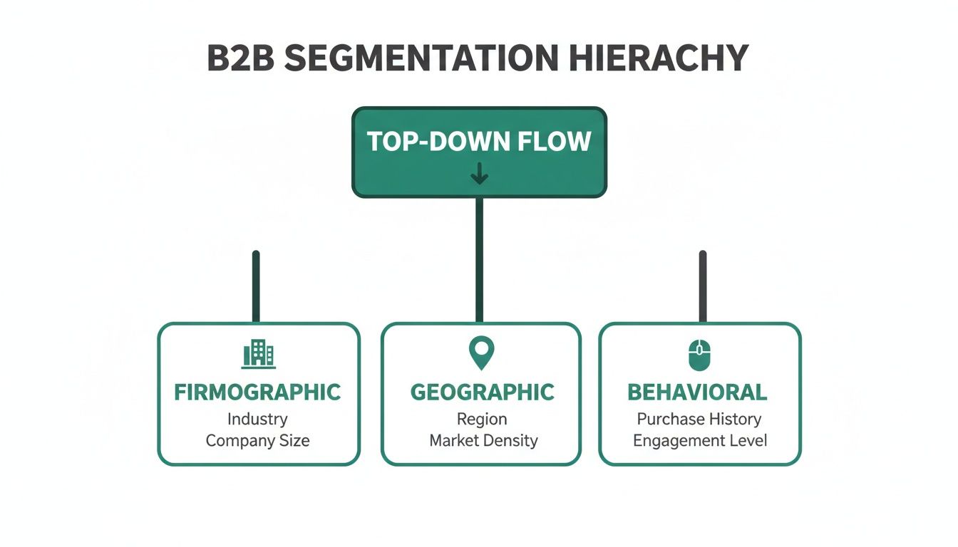 A diagram illustrating the B2B segmentation hierarchy with top-down flow, showing firmographic, geographic, and behavioral categories.