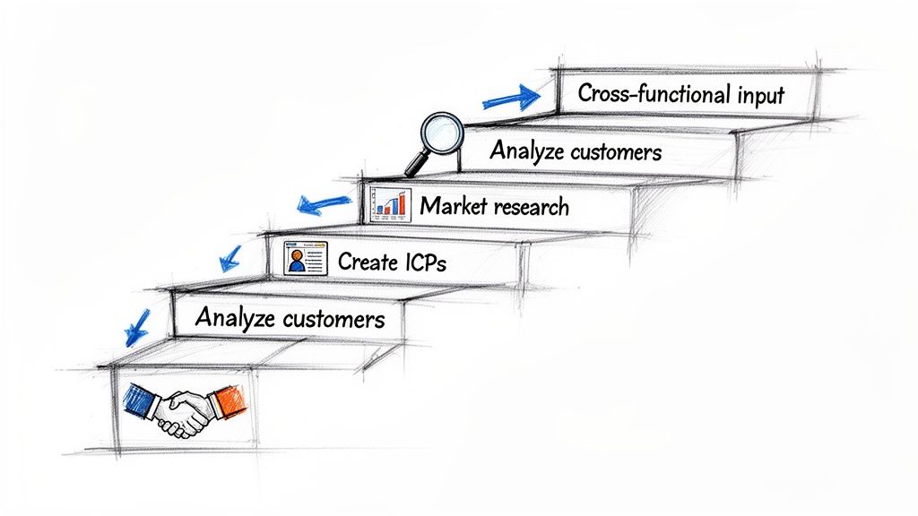 Staircase diagram illustrating business steps for customer analysis, market research, and cross-functional input.