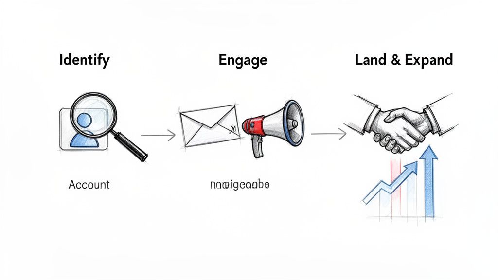A three-stage diagram illustrating Account-Based Marketing (ABM) process: Identify, Engage, Land & Expand.
