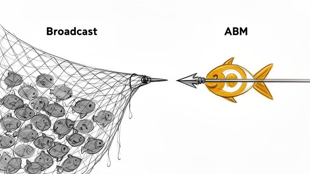 Illustration comparing broadcast marketing (fishing net full of fish) to targeted ABM (spear aiming at a golden fish).
