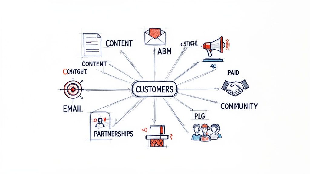 Diagram of customers connected to multiple B2B marketing channels: content, ABM, paid, community, PLG, partnerships, email.