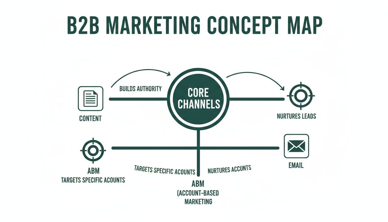 B2B Marketing Concept Map showing core channels, content, lead nurturing, and account-based marketing.