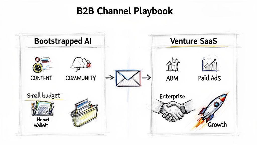 A B2B Channel Playbook diagram comparing bootstrapped AI marketing strategies with venture SaaS growth channels.