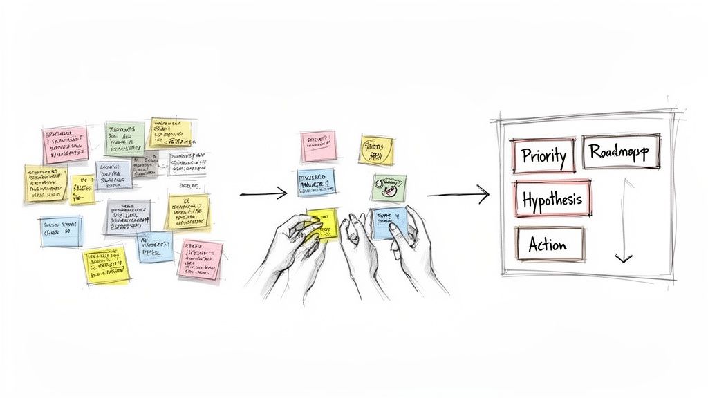 Visualizing the user research process, from initial sticky note ideas to a structured roadmap framework.