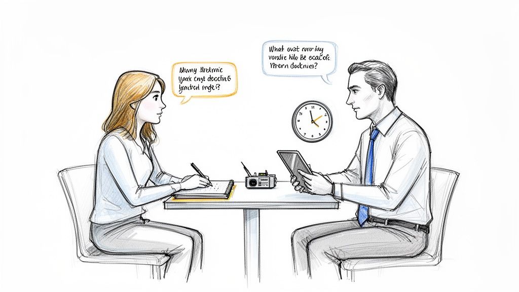 A sketch of a woman interviewing a man, both seated at a table with a tablet and notebook.