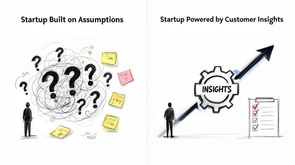 Visual comparing two startup approaches: one built on assumptions (question marks) and another powered by customer insights (growth).