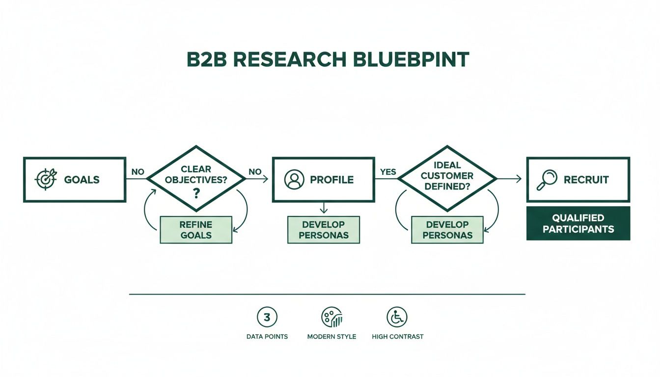 A B2B research blueprint flowchart outlining steps to define objectives, create profiles, and recruit participants.