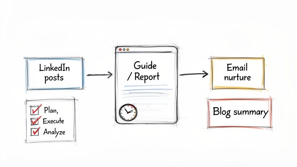 Diagram illustrating a content repurposing strategy: LinkedIn posts lead to a guide/report, then email nurture and blog summaries.
