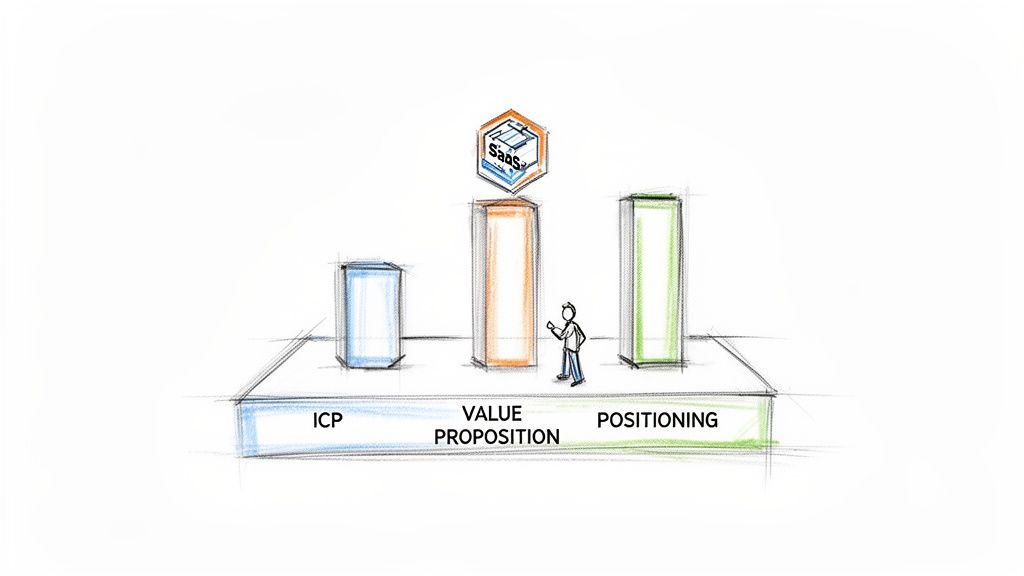 Hand-drawn illustration of a SaaS business framework with ICP, Value Proposition, and Positioning pillars.