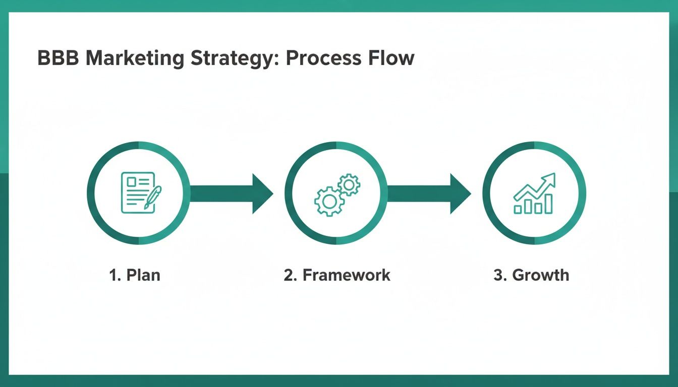 A process flow diagram outlining the BBB Marketing Strategy with steps: Plan, Framework, and Growth.