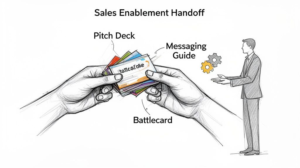 An illustration of two hands passing sales enablement materials like pitch decks, messaging guides, and battlecards to a salesperson.