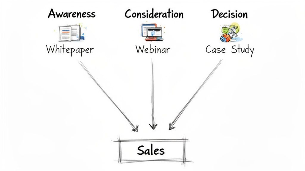 Diagram illustrating a B2B marketing strategy framework with Awareness, Consideration, Decision stages leading to Sales.