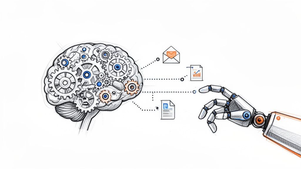 A sketch of a human brain with gears connected to a robotic arm processing data icons, symbolizing AI and automation.