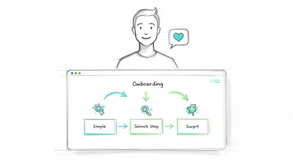 A smiling man looks at an "Onboarding" flowchart with "Simple," "Ssimsk Step," and "Surprt" steps, signifying user satisfaction.