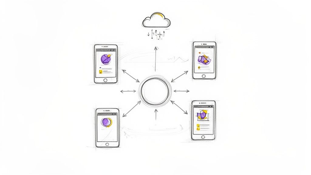 Hand-drawn diagram showing smartphones connected to a central hub and a cloud, illustrating data synchronization.