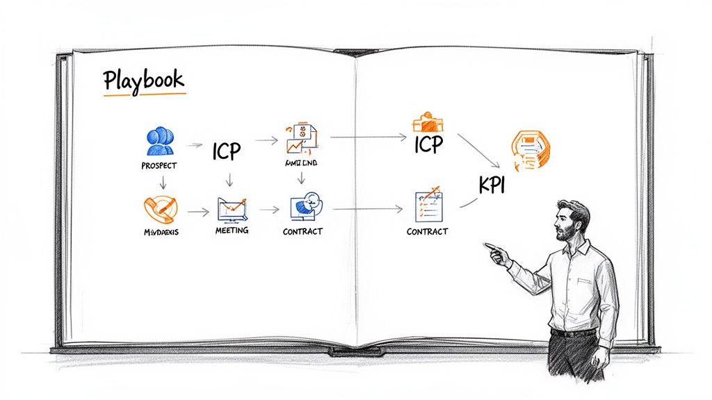 An illustrated sales playbook flowchart showing steps like prospect, meeting, contract, and KPI, with a man explaining it.