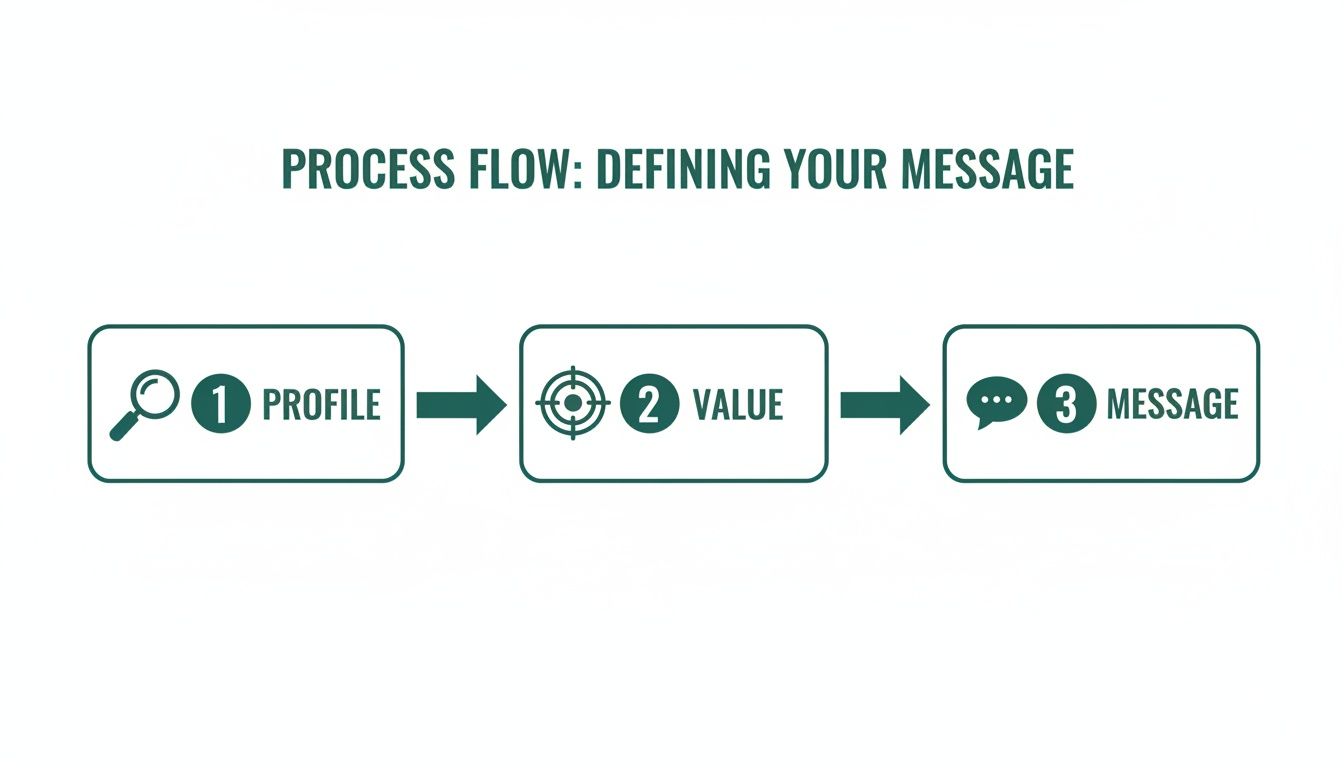Process flow diagram showing three steps: Profile, Value, and Message, for defining a message.