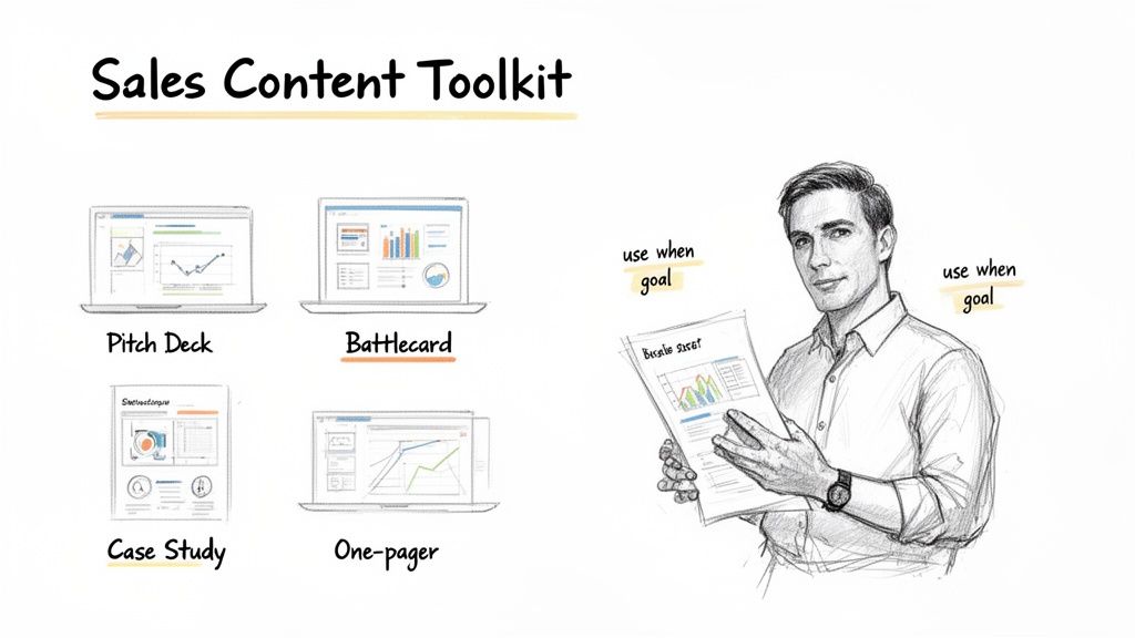 An illustration of a sales content toolkit showing a pitch deck, battlecard, case study, and one-pager.