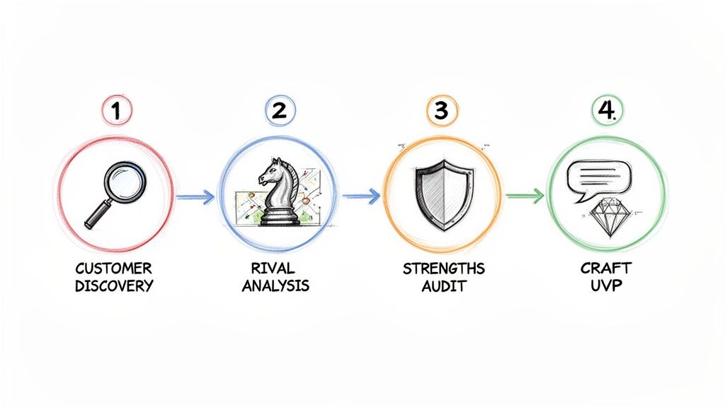 A visual guide illustrating four key steps: customer discovery, rival analysis, strengths audit, and crafting UVP.