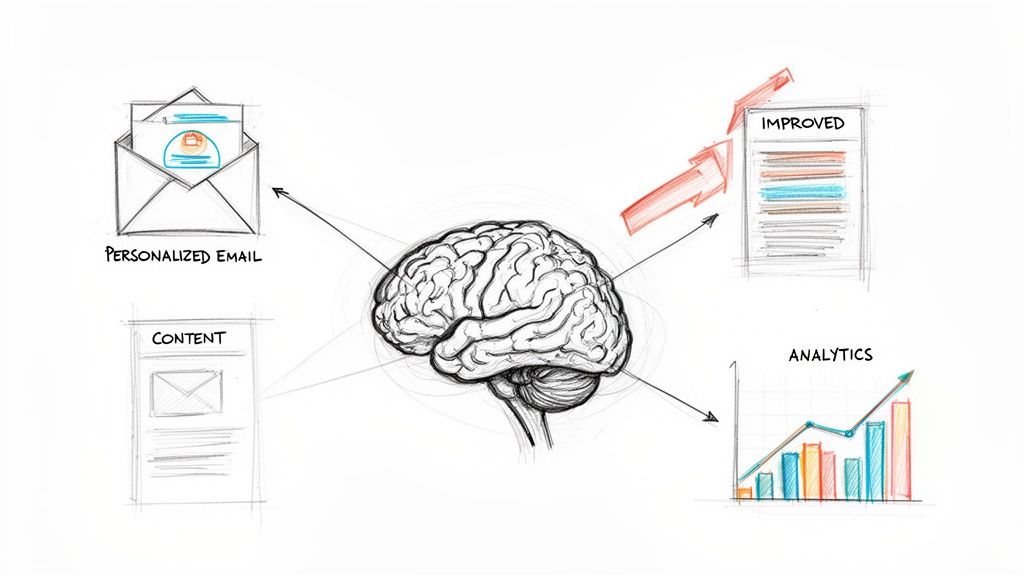 A sketch diagram showing a brain connected to personalized email, content, analytics, and improved outcomes.