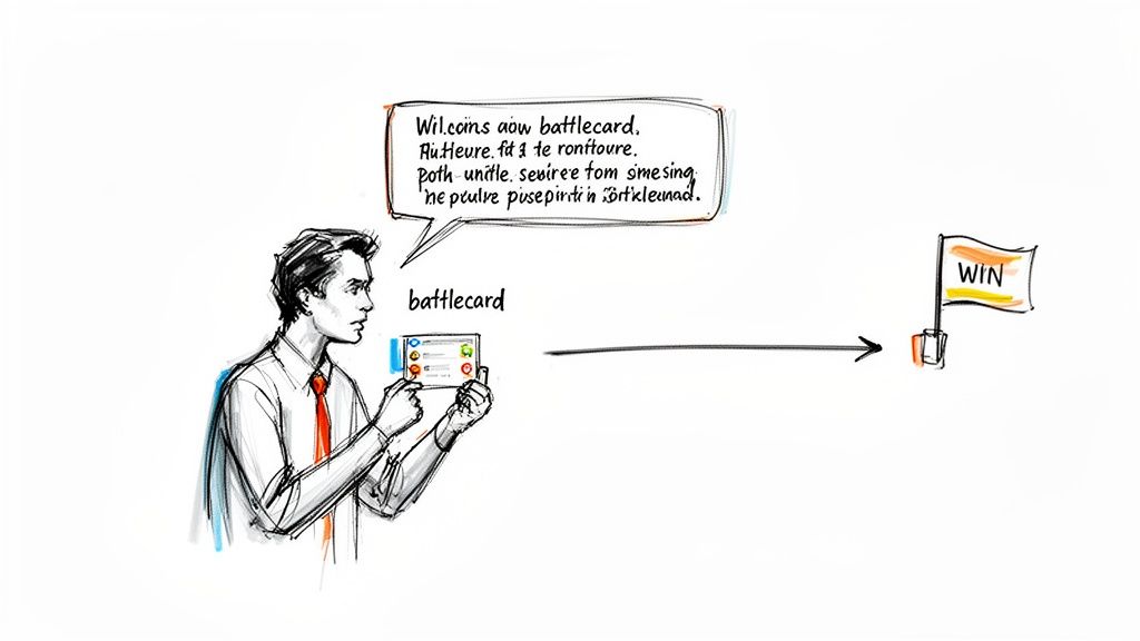 An illustration of a man holding a 'battlecard' with an arrow pointing to a 'WIN' flag.