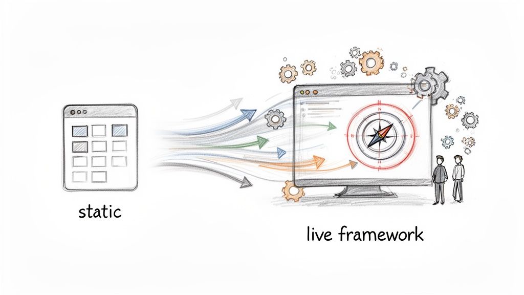 Illustration depicting a static application transforming into a dynamic live framework with data flow, gears, and users.