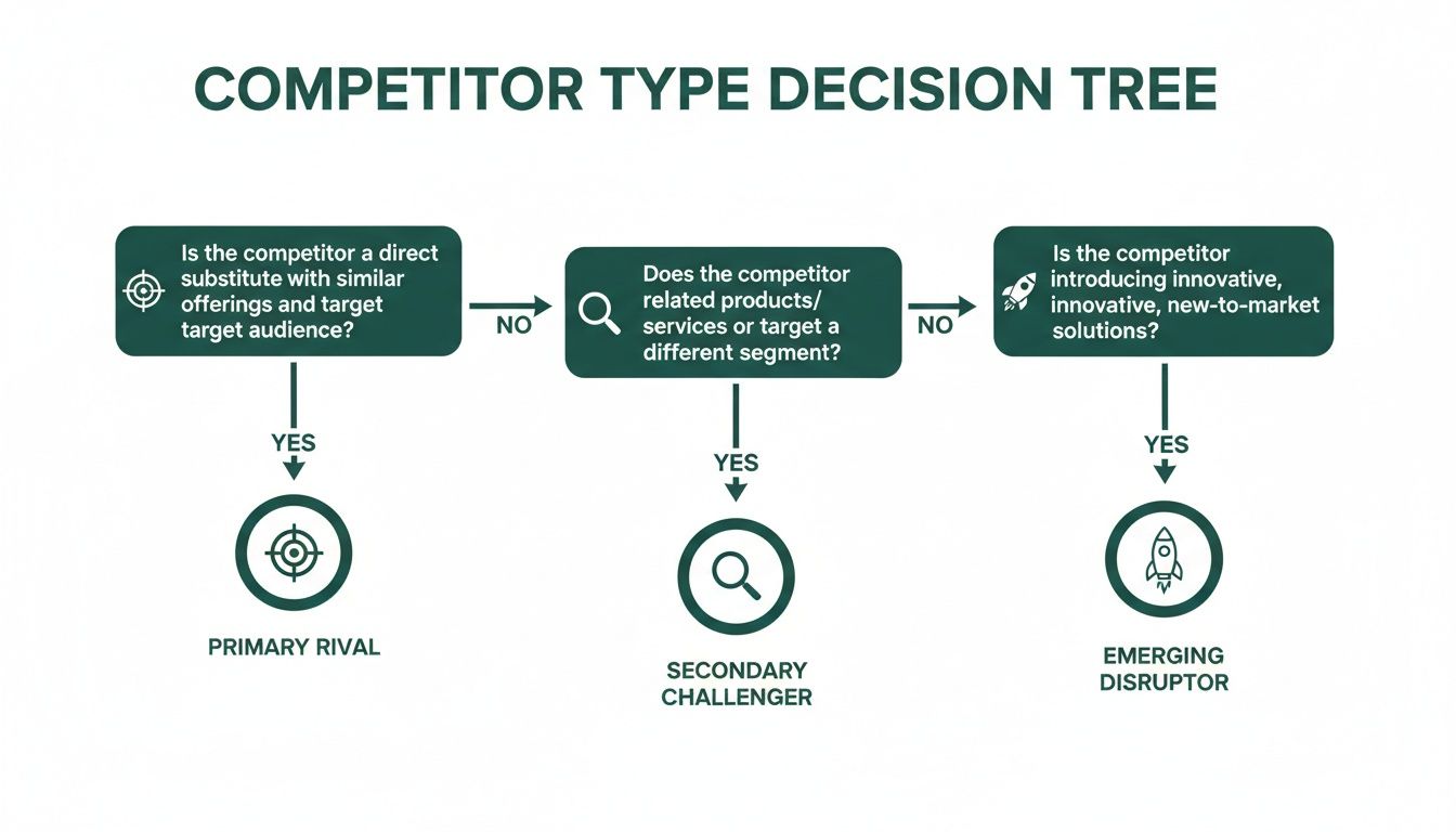 A competitor type decision tree classifies competitors into Primary Rival, Secondary Challenger, or Emerging Disruptor.