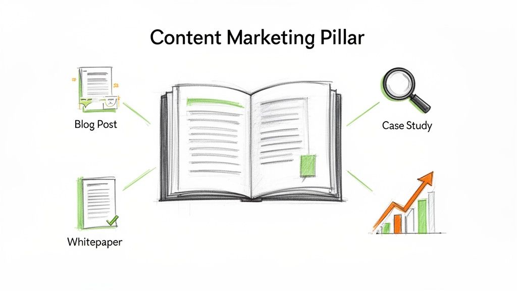 Visual representation of content marketing pillars: blog posts, whitepapers, and case studies driving growth.