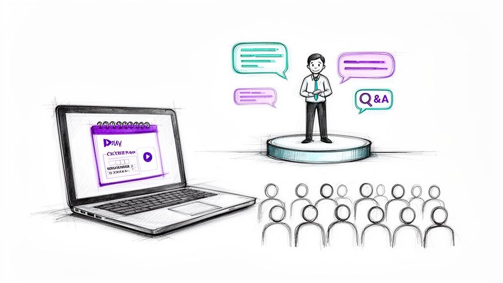 Hand-drawn illustration of a virtual event with a presenter, laptop showing a schedule, and an audience.