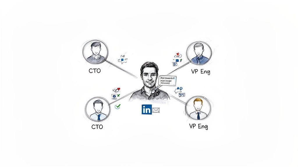 A central person networking with CTOs and VP Engs, showing LinkedIn and email interactions.