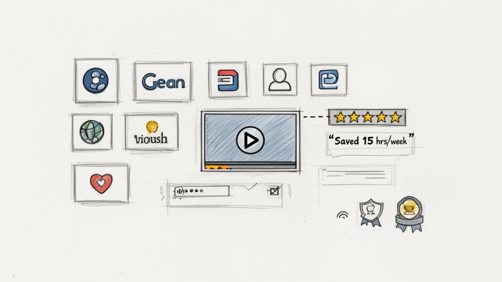 A creative sketch displaying user interface components such as icons, a video player, and customer feedback.
