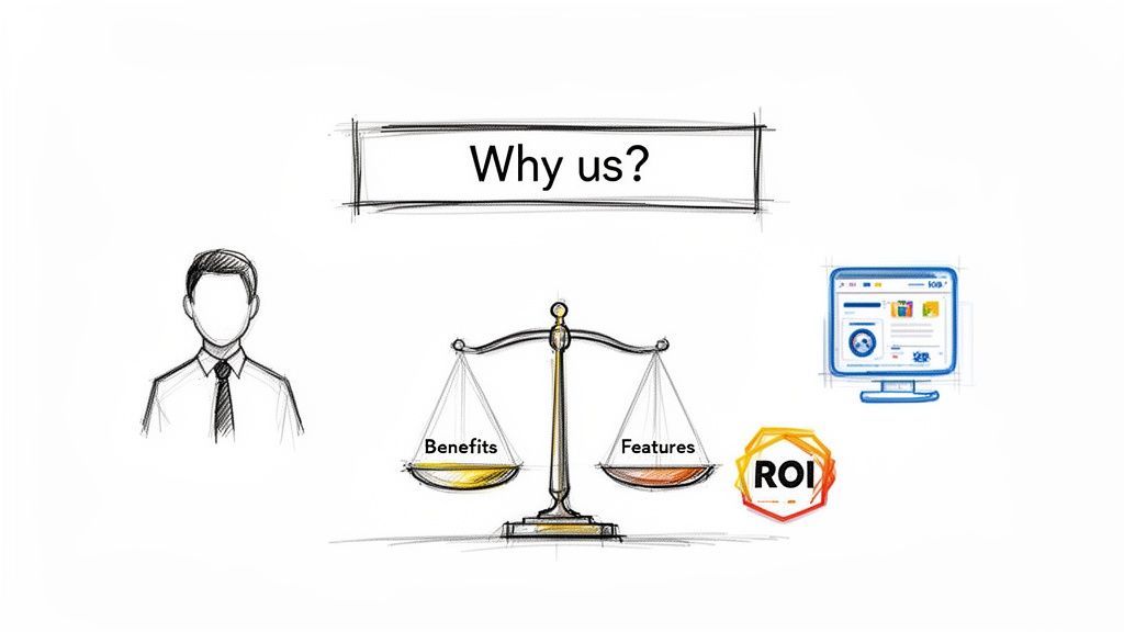 Illustration depicting a balance scale weighing benefits against features, a customer, computer, and ROI.