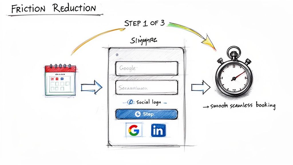 Illustration of a streamlined booking process: calendar, social login form, and stopwatch for fast, seamless booking.