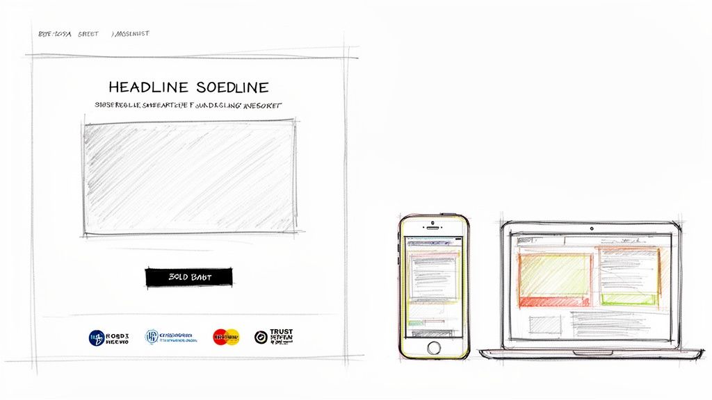 A hand-drawn sketch illustrating a responsive website design with desktop, mobile, and detailed landing page layouts.