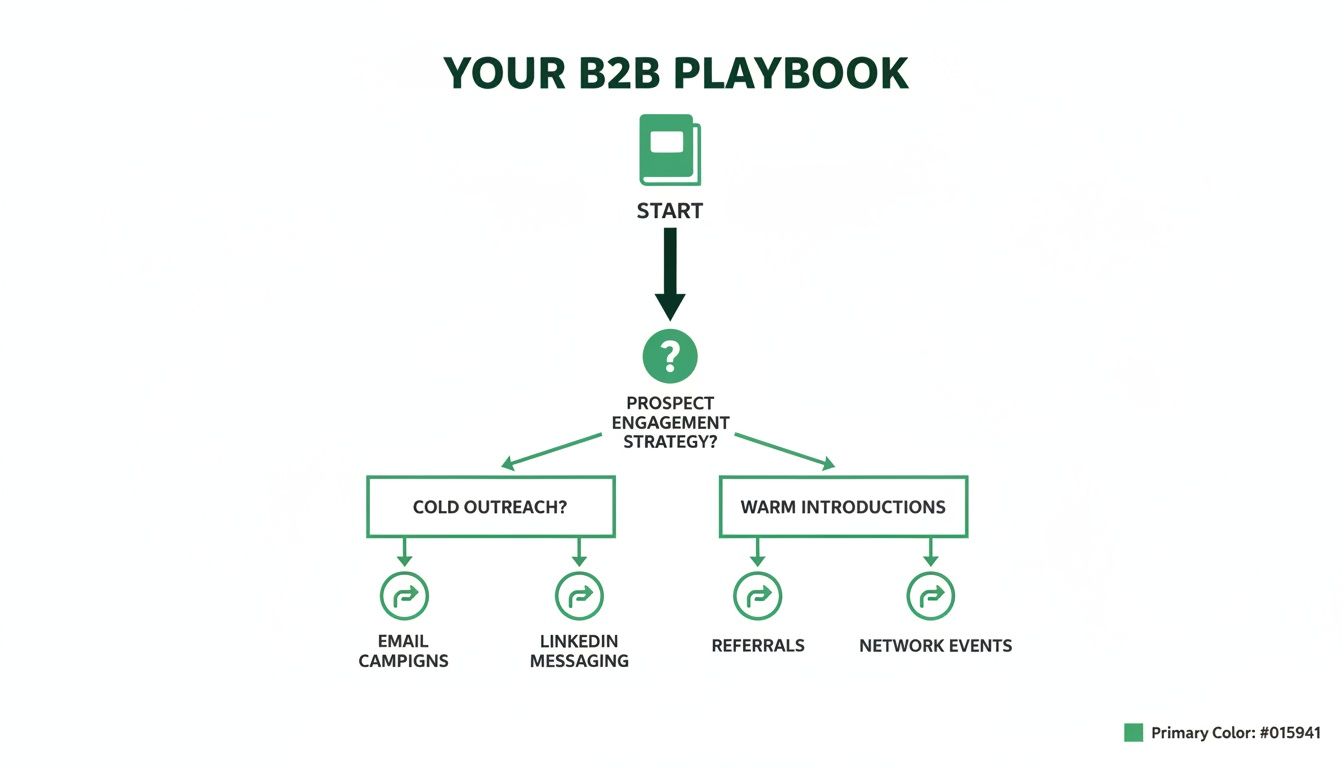 Flowchart illustrating a B2B playbook for prospect engagement strategies, detailing cold outreach and warm introductions methods.