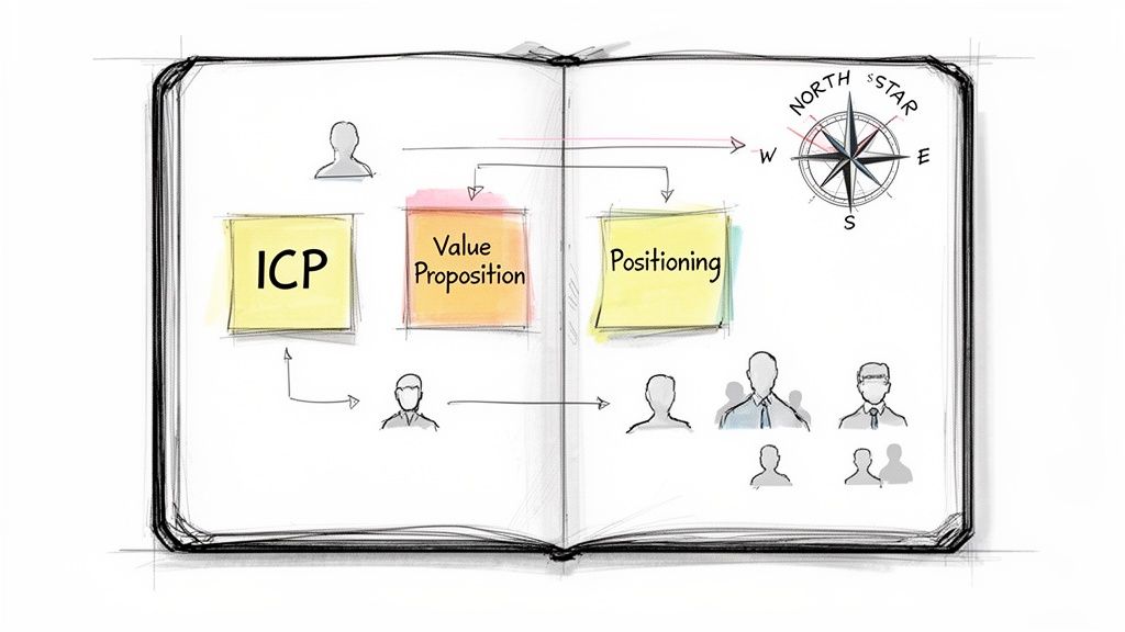 Hand-drawn business strategy in a notebook, connecting Ideal Customer Profile, Value Proposition, and Positioning to a North Star goal.