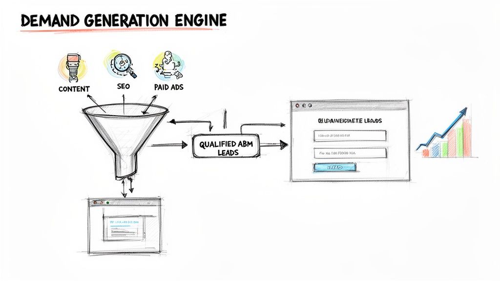 A hand-drawn diagram illustrating a demand generation engine, showing content, SEO, and paid ads feeding a funnel leading to qualified ABM leads and growth.
